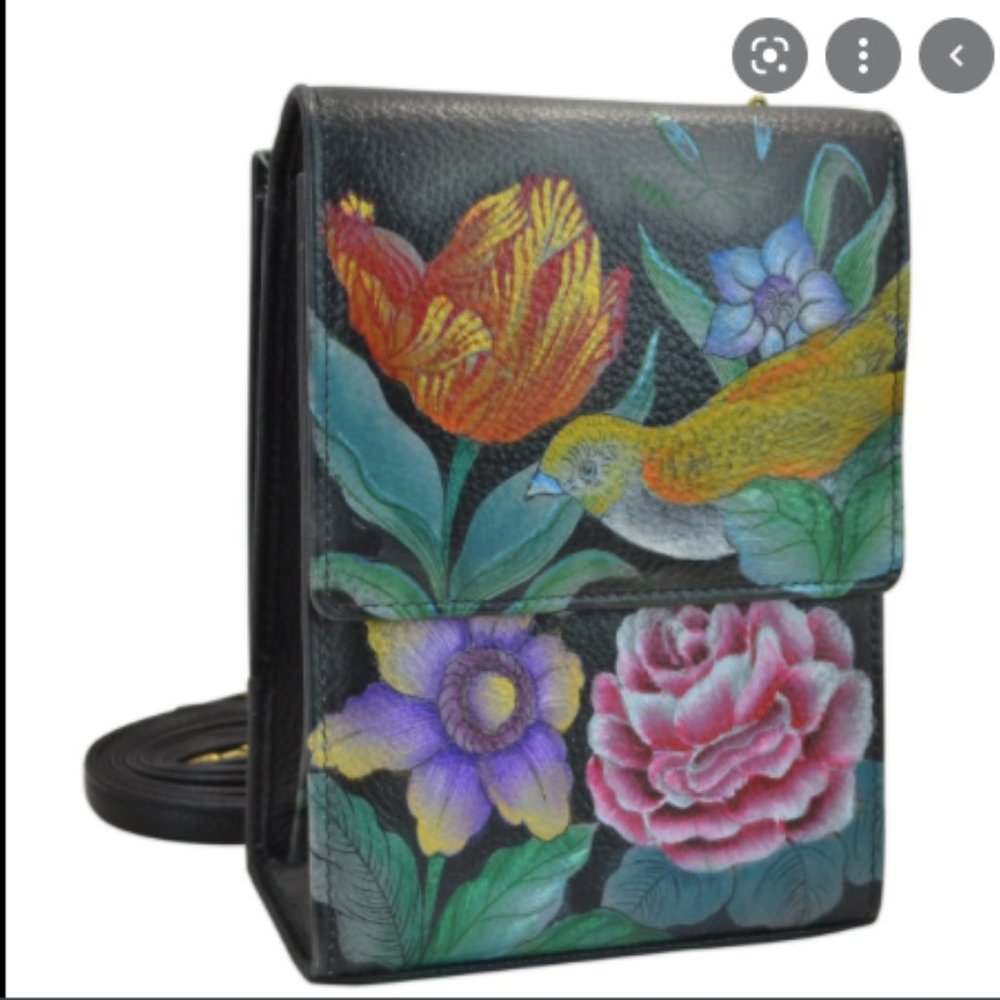 NWT Anuschka Leather Hand Painted Triple Compartment Crossbody  -Vintage Bouquet
